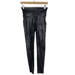Spanx Womens Medium M Black Faux Leather Leggings Sleek Smoothing High Waist